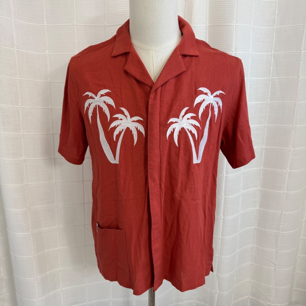 Shamuna Men's Small Palm Tree Embroidered Fabric Button Down